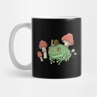 A Cute Cottagecore Aesthetic with a Frog Wearing a Snail Hat and Mushroom Mug